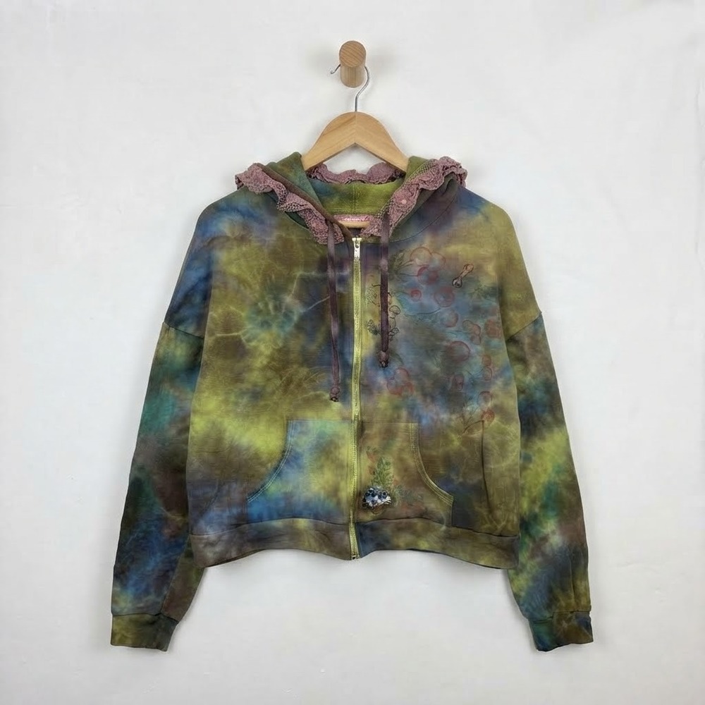 Fairy Grunge Indie Sleaze Cherry OOAK Zip-Up Hoodie Tie-Dye Grungefairy Lace S